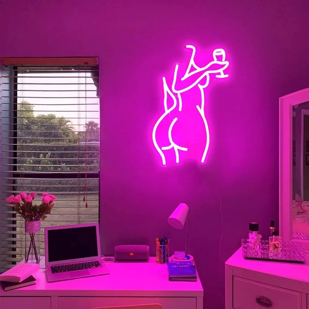 Female Body Wine Pink Neon Light Bright LED Bedroom Bathroom Diva Princess Decor